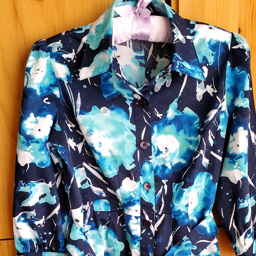 Jones New York Women's Navy & Turquoise Cotton Belted Blouse size SP